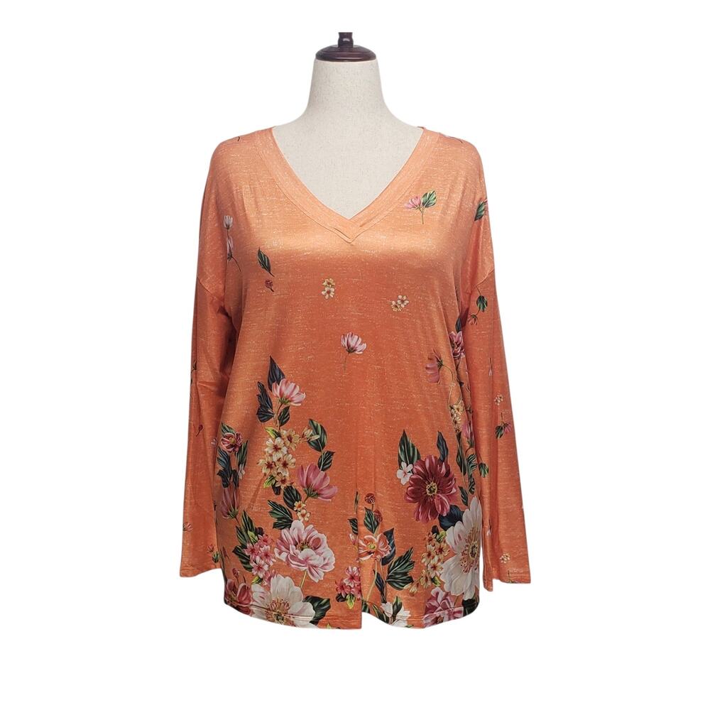Coeur De Vague XL Tunic Top Soft Orange Floral V-Neck Boho Cottagecore Coastal